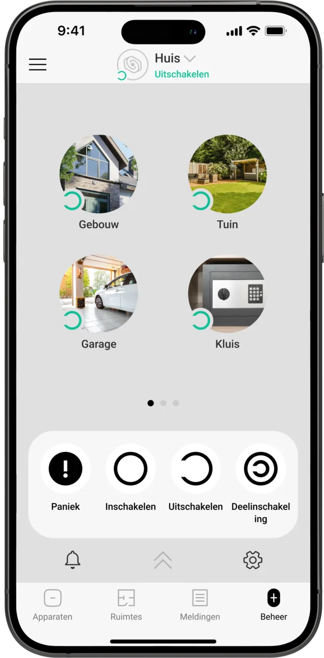 De Ajax-app op een telefoon, met de ruimtes Gebouw, Tuin, Garage en Kluis en knoppen om het systeem in en uit te schakelen