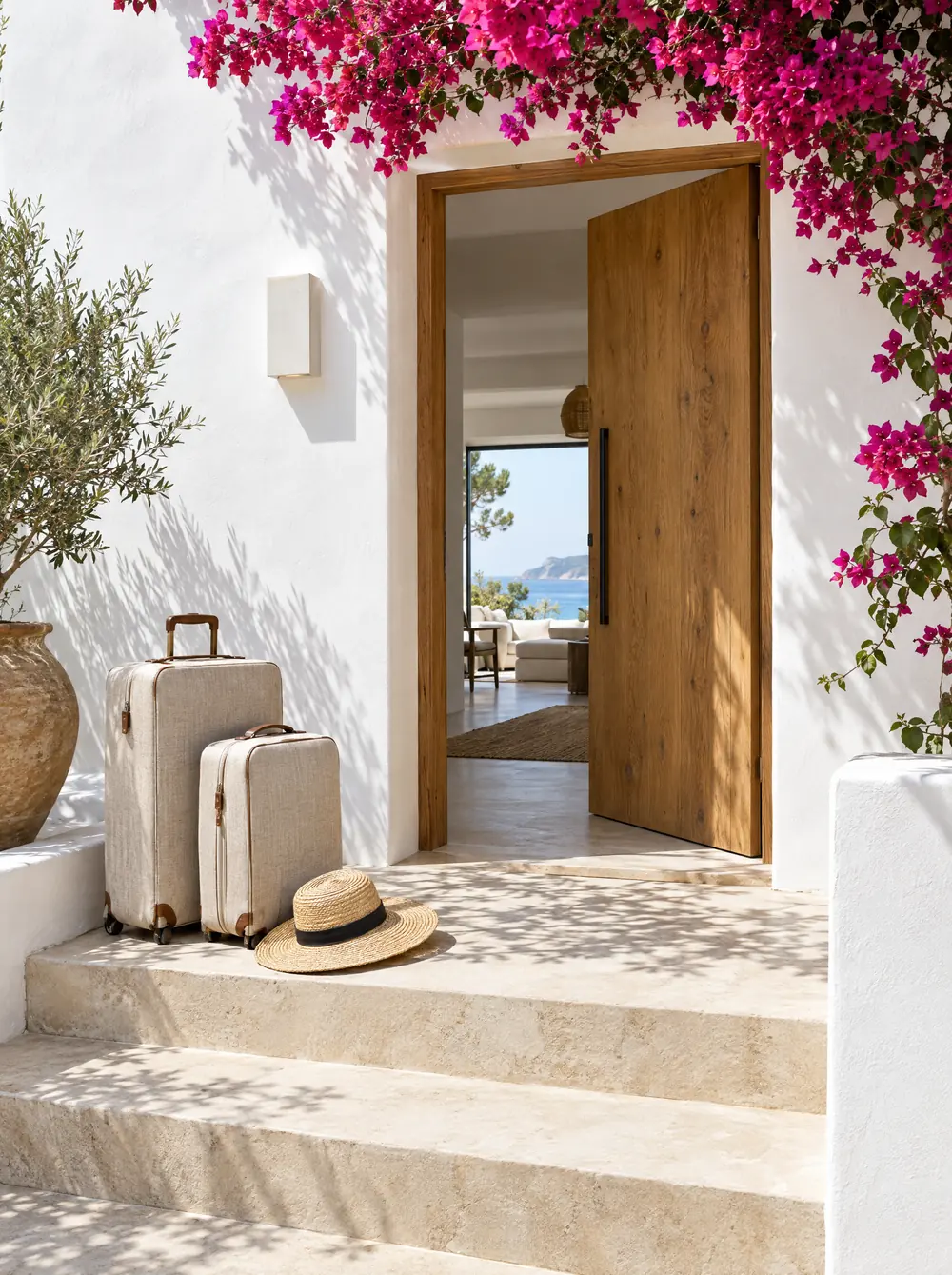 Koffers en een strohoed bij de open voordeur van een villa met bougainville